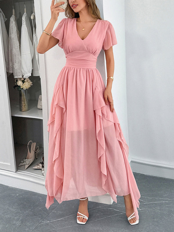 Elegant short-sleeved deep V long dress