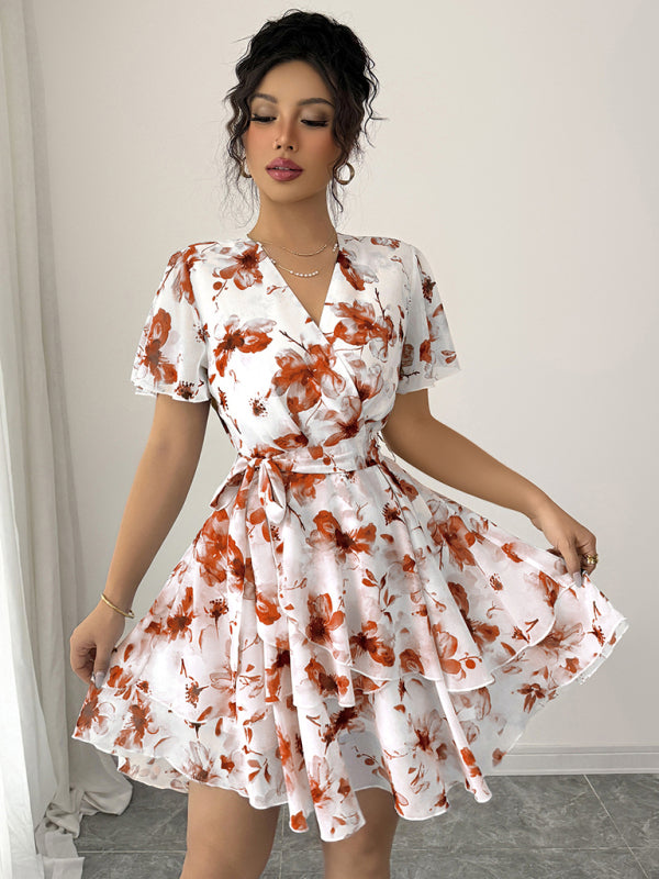 Printed deep V mini dress