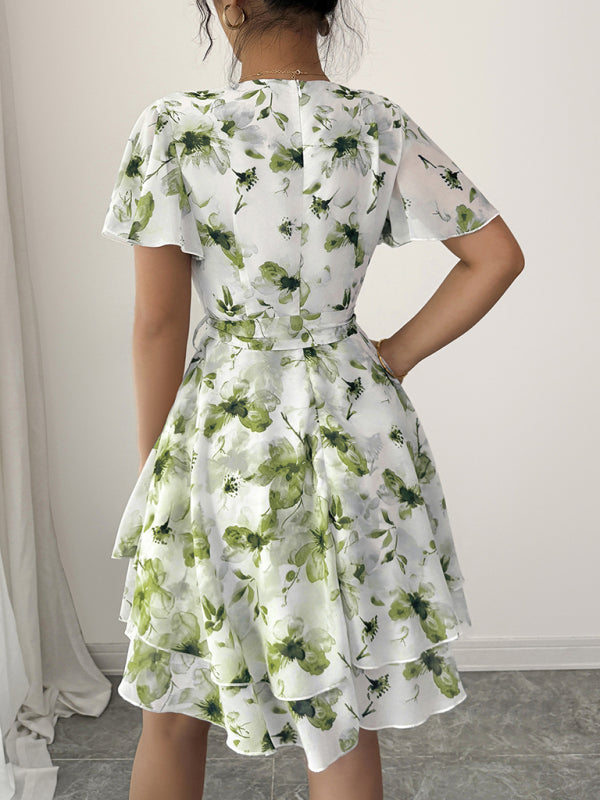 Printed deep V mini dress