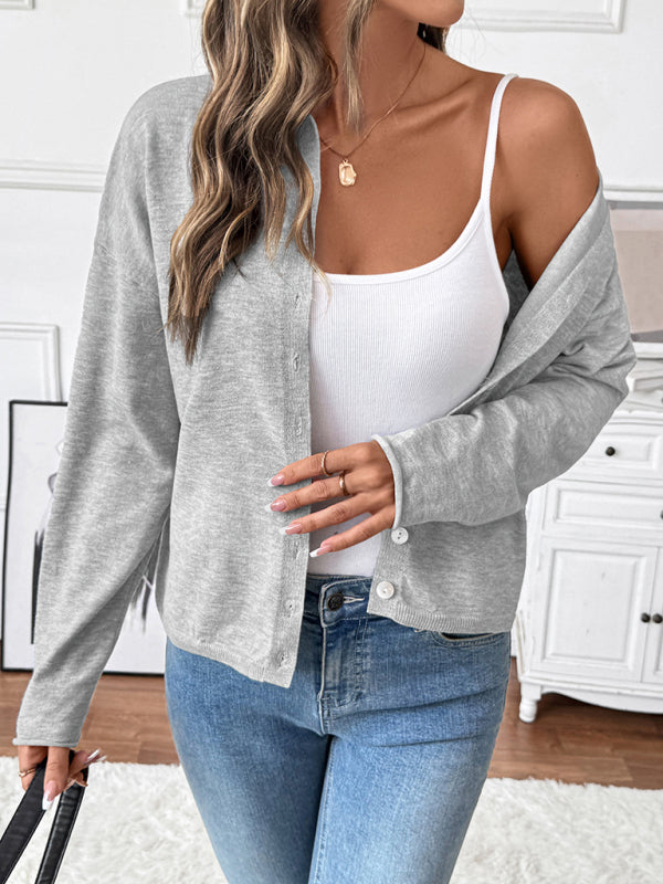 Casual Single-Breasted Solid Color Knitted Cardigan Round Neck Sweater Jacket Top