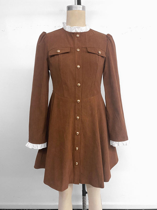 Retro elegant ruffled corduroy long-sleeved dress