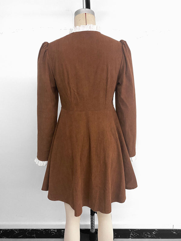 Retro elegant ruffled corduroy long-sleeved dress