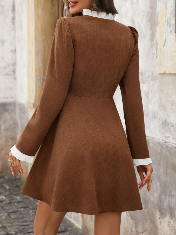 Retro elegant ruffled corduroy long-sleeved dress