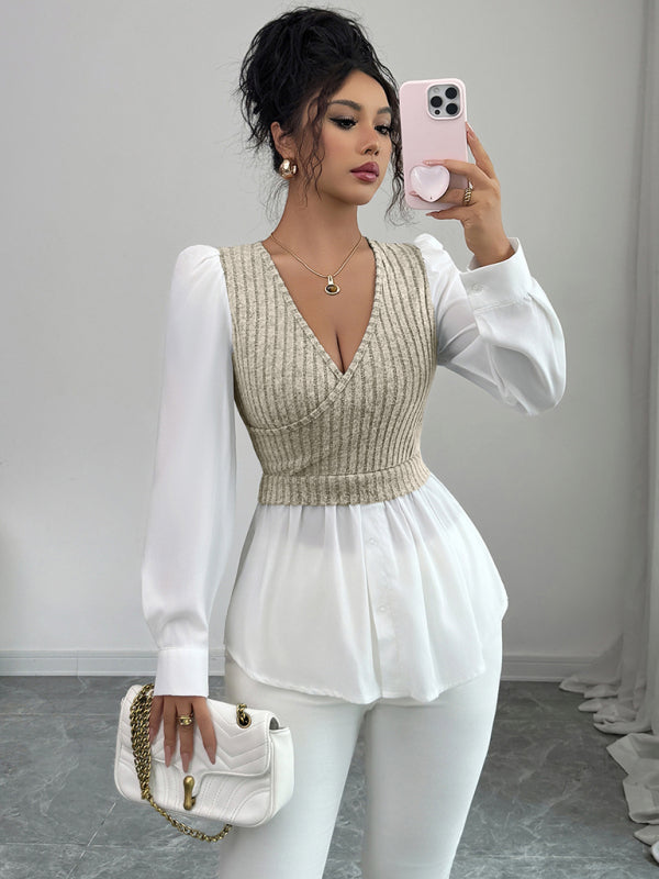 Elegant patchwork long-sleeved vest shirt