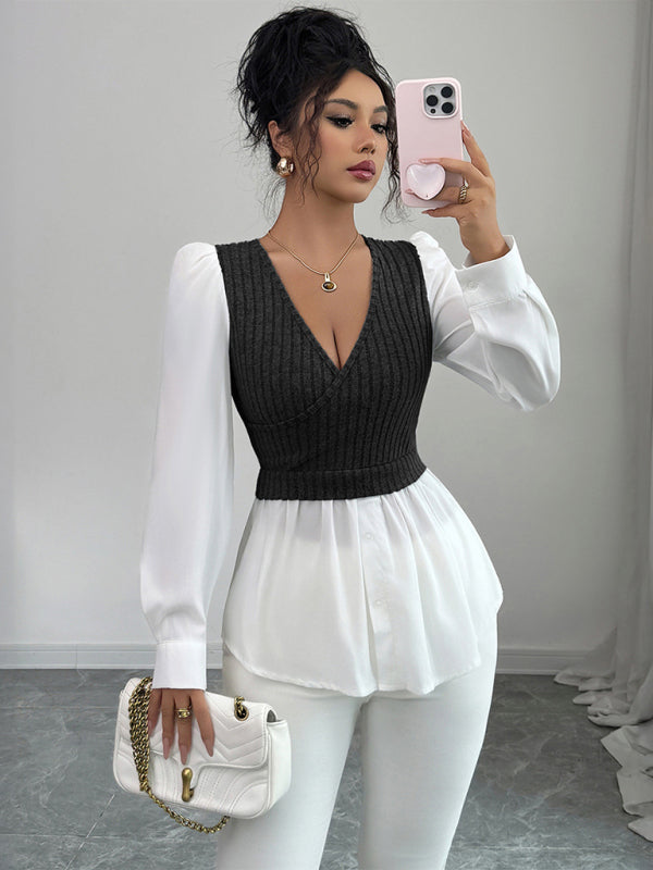 Elegant patchwork long-sleeved vest shirt