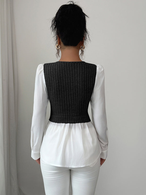 Elegant patchwork long-sleeved vest shirt
