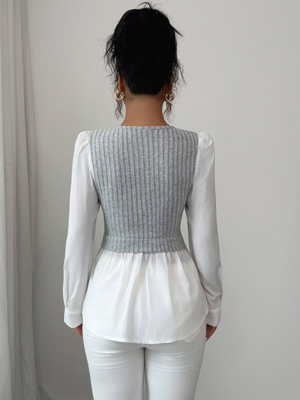Elegant patchwork long-sleeved vest shirt