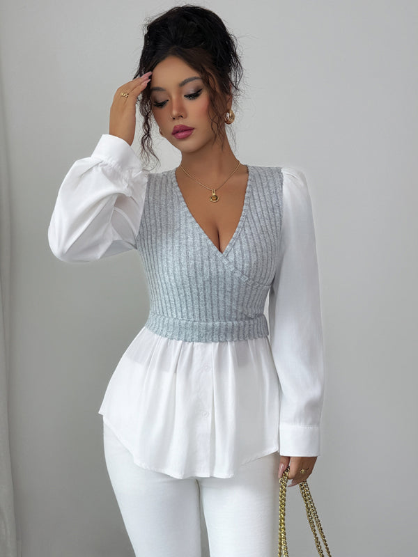 Elegant patchwork long-sleeved vest shirt