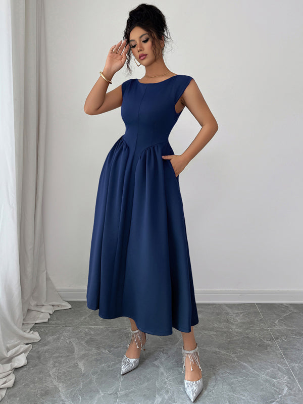 Elegant solid color waisted sleeveless maxi dress
