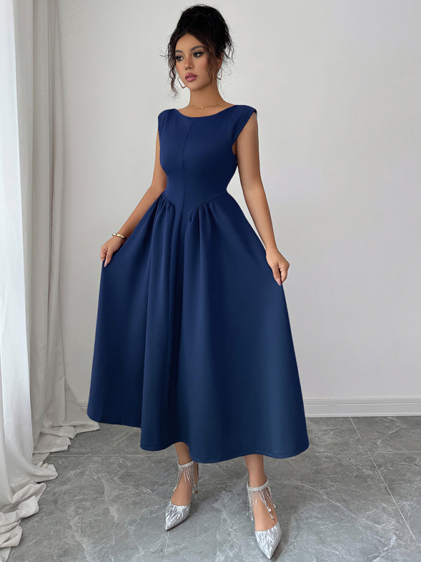 Elegant solid color waisted sleeveless maxi dress