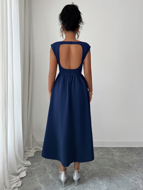 Elegant solid color waisted sleeveless maxi dress