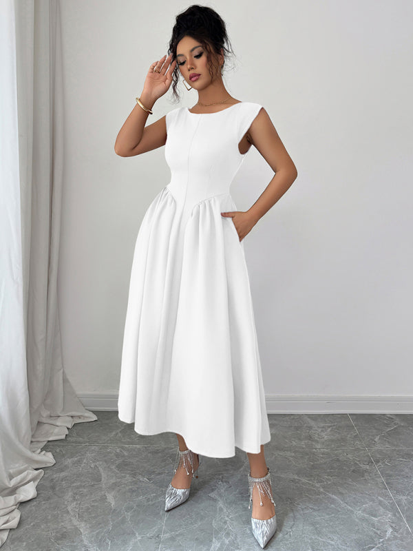 Elegant solid color waisted sleeveless maxi dress