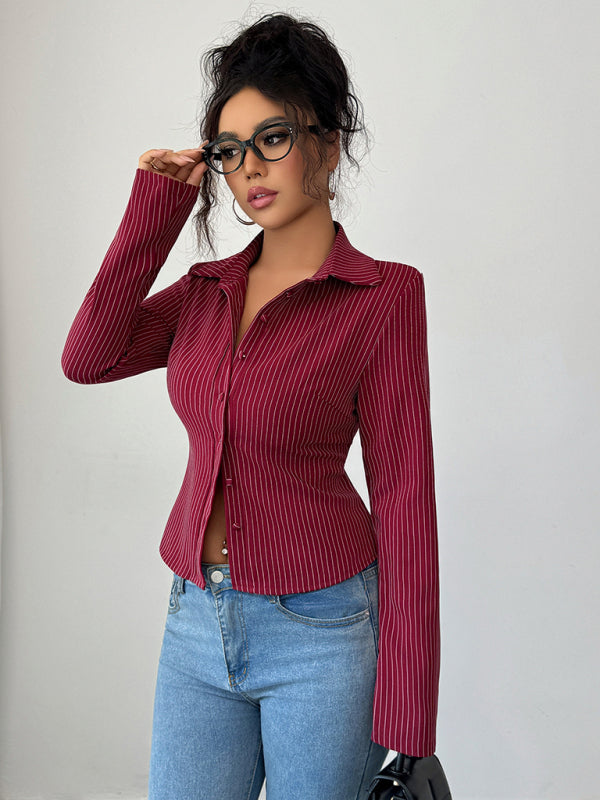 Casual simple high-end striped long-sleeved cardigan shirt