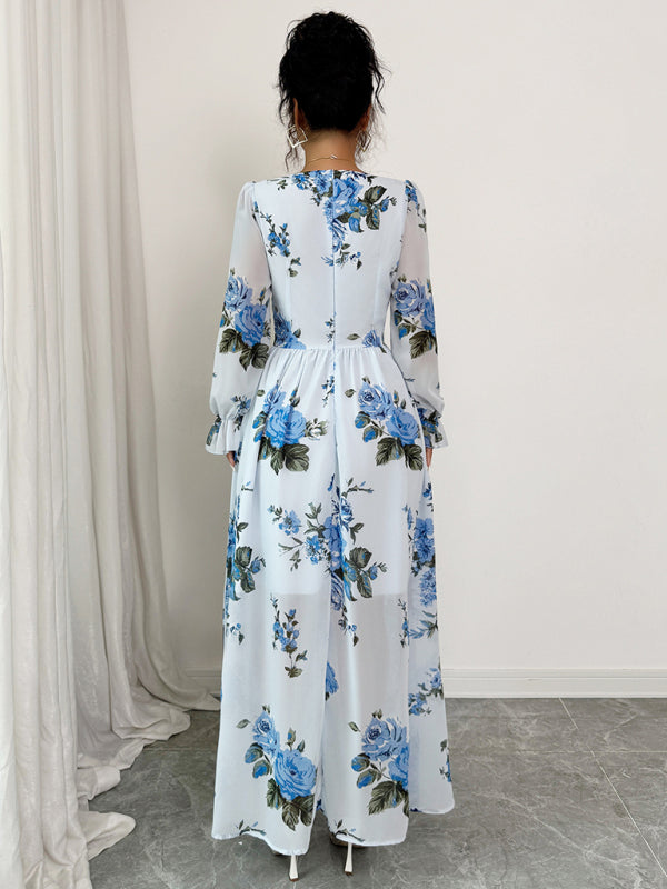 Elegant and simple printed ruffled long-sleeved dress