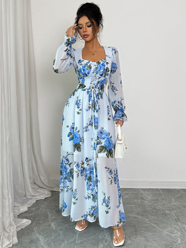 Elegant and simple printed ruffled long-sleeved dress
