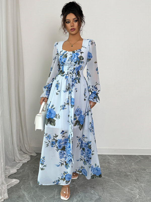 Elegant and simple printed ruffled long-sleeved dress