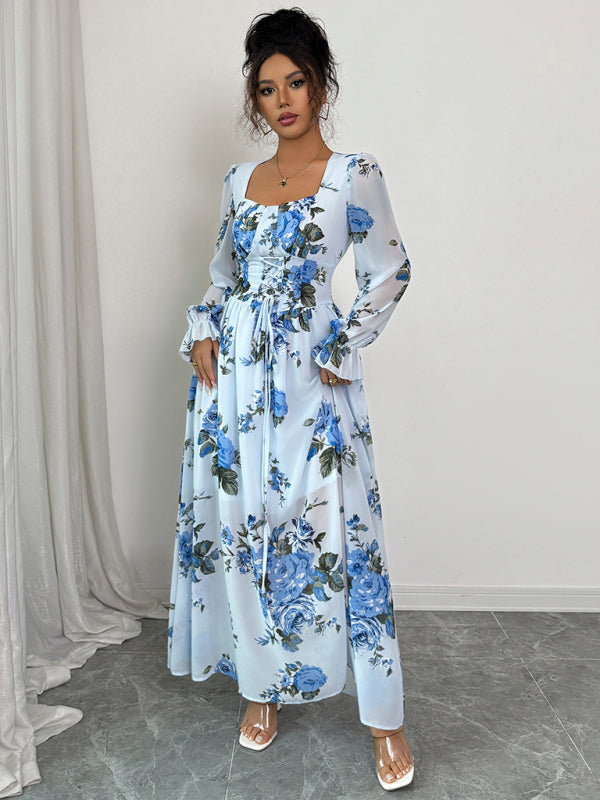 Elegant and simple printed ruffled long-sleeved dress