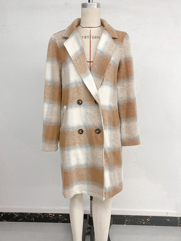 Casual retro style mid-length double-breasted suit collar brushed plaid jacket