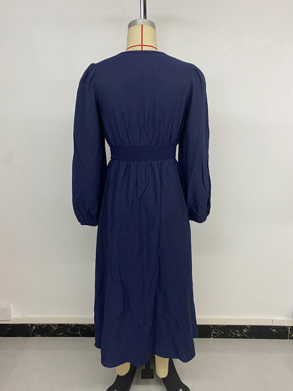 New holiday ethnic style waist v-neck blue embroidered dress