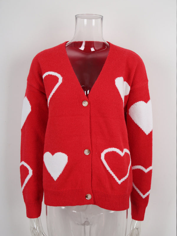 Valentine's Day Sweater Heart Button Cardigan Jacket