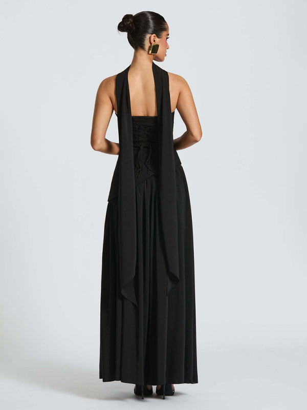 Strapless solid color open back slit dress