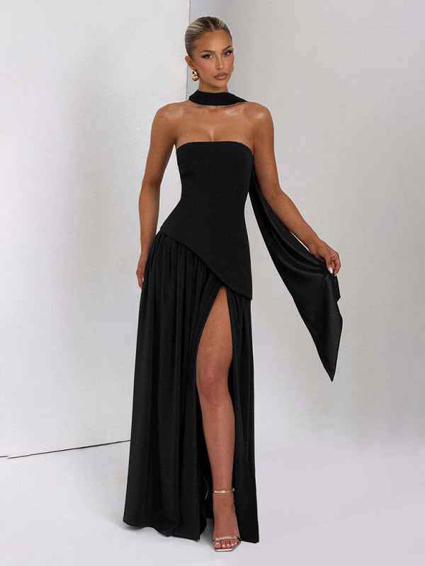 Strapless solid color open back slit dress