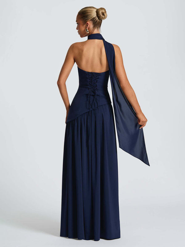 Strapless solid color open back slit dress