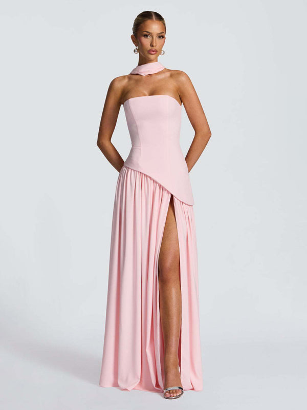 Strapless solid color open back slit dress