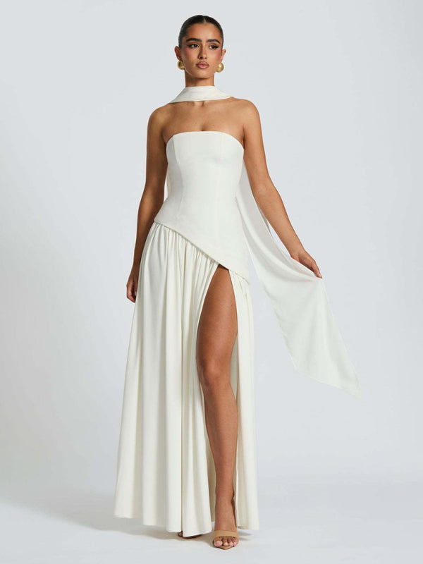 Strapless solid color open back slit dress