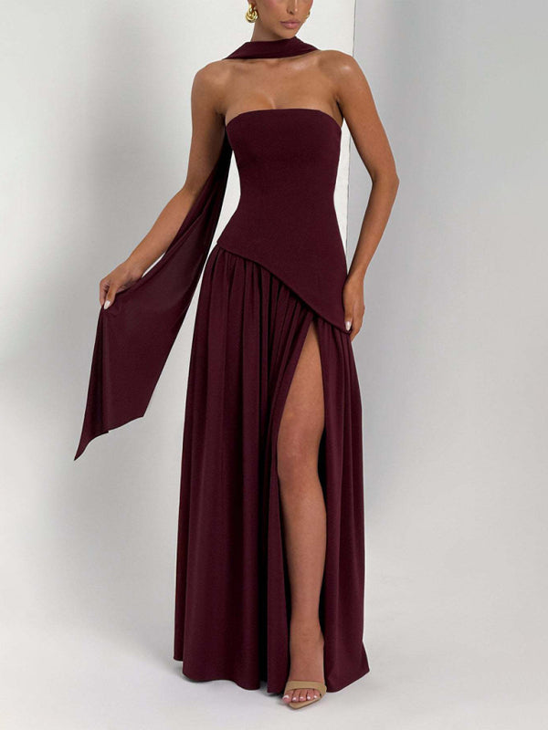 Strapless solid color open back slit dress