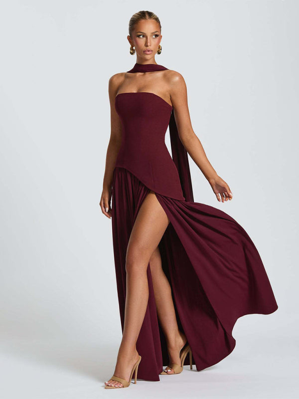 Strapless solid color open back slit dress