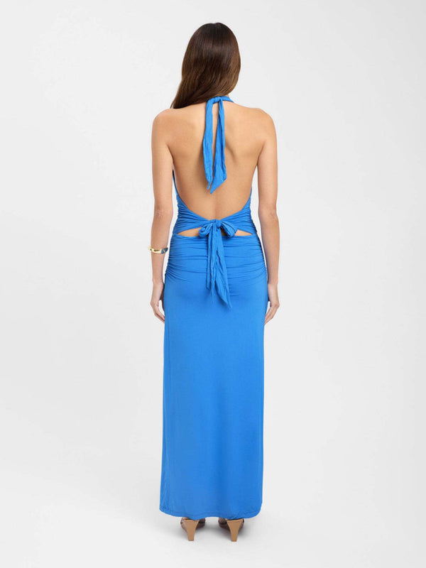 Sexy halterneck deep V-neck halter-back slit solid color maxi dress