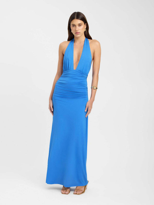 Sexy halterneck deep V-neck halter-back slit solid color maxi dress