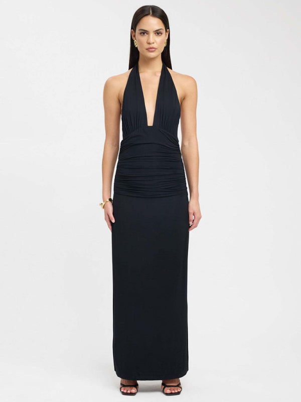 Sexy halterneck deep V-neck halter-back slit solid color maxi dress