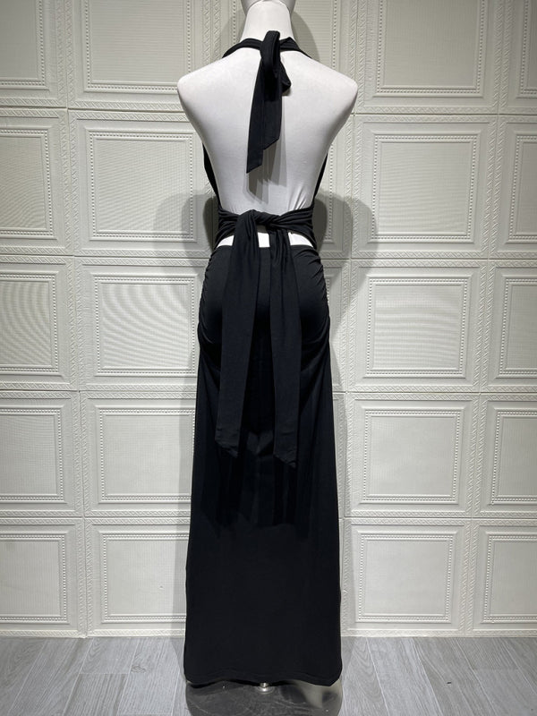 Sexy halterneck deep V-neck halter-back slit solid color maxi dress