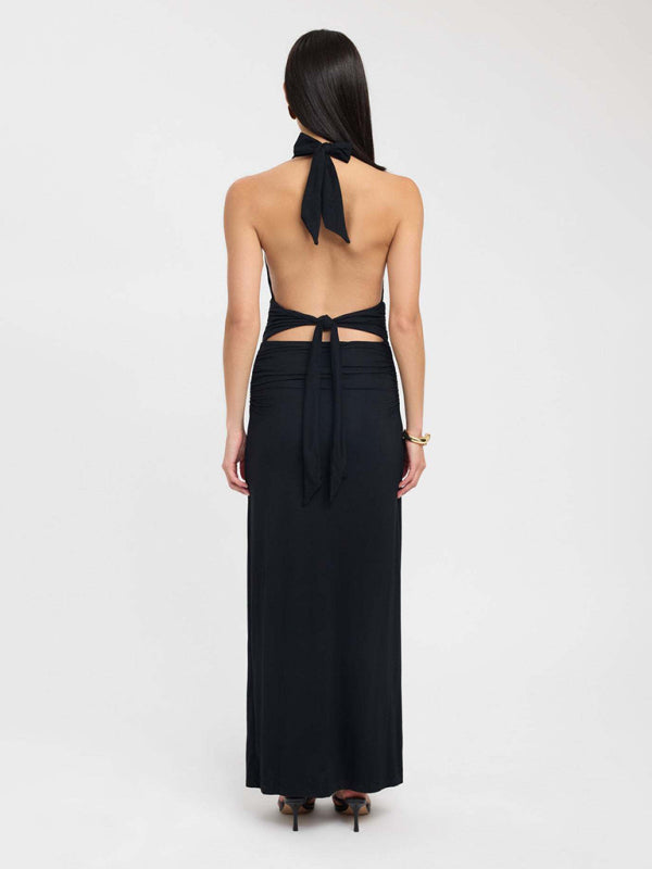 Sexy halterneck deep V-neck halter-back slit solid color maxi dress