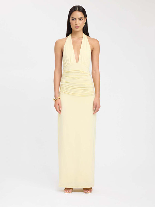 Sexy halterneck deep V-neck halter-back slit solid color maxi dress