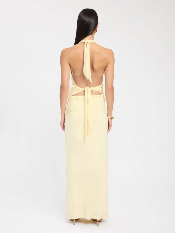 Sexy halterneck deep V-neck halter-back slit solid color maxi dress