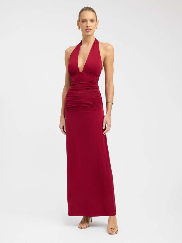 Sexy halterneck deep V-neck halter-back slit solid color maxi dress