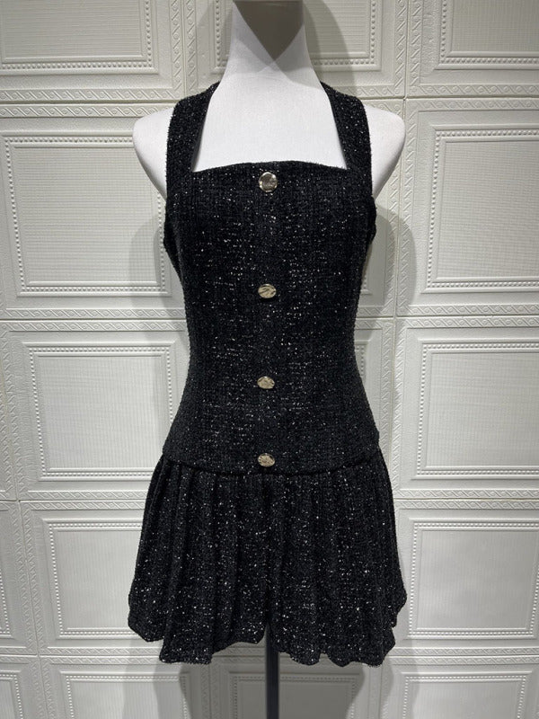 New Adjustable Gold Buckle Halter Neck Braided Pleated Dress