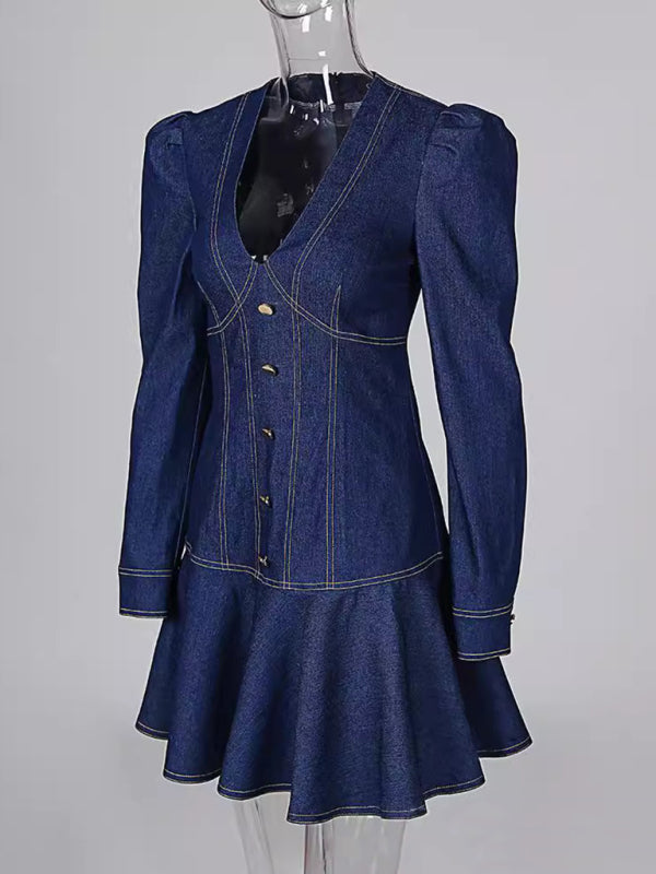 V puff sleeve tight ruffle dress