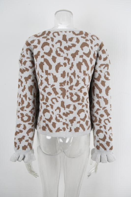 Leopard jacquard tie cardigan knitted cropped sweater jacket