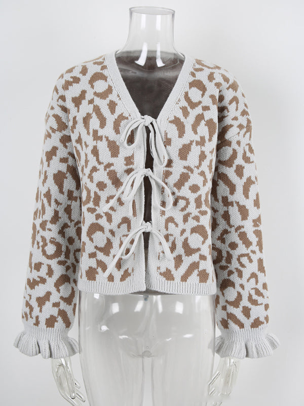 Leopard jacquard tie cardigan knitted cropped sweater jacket