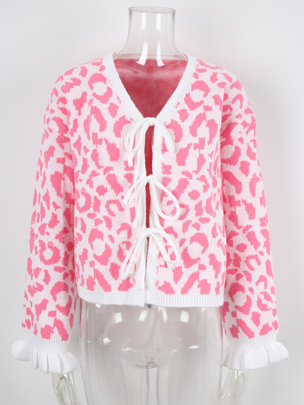 Leopard jacquard tie cardigan knitted cropped sweater jacket