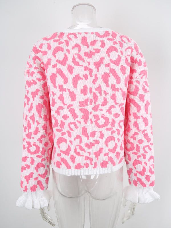 Leopard jacquard tie cardigan knitted cropped sweater jacket