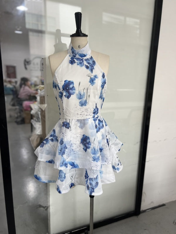 Women's Fashion Print Sexy Halter Neck Bowknot Backless Dress