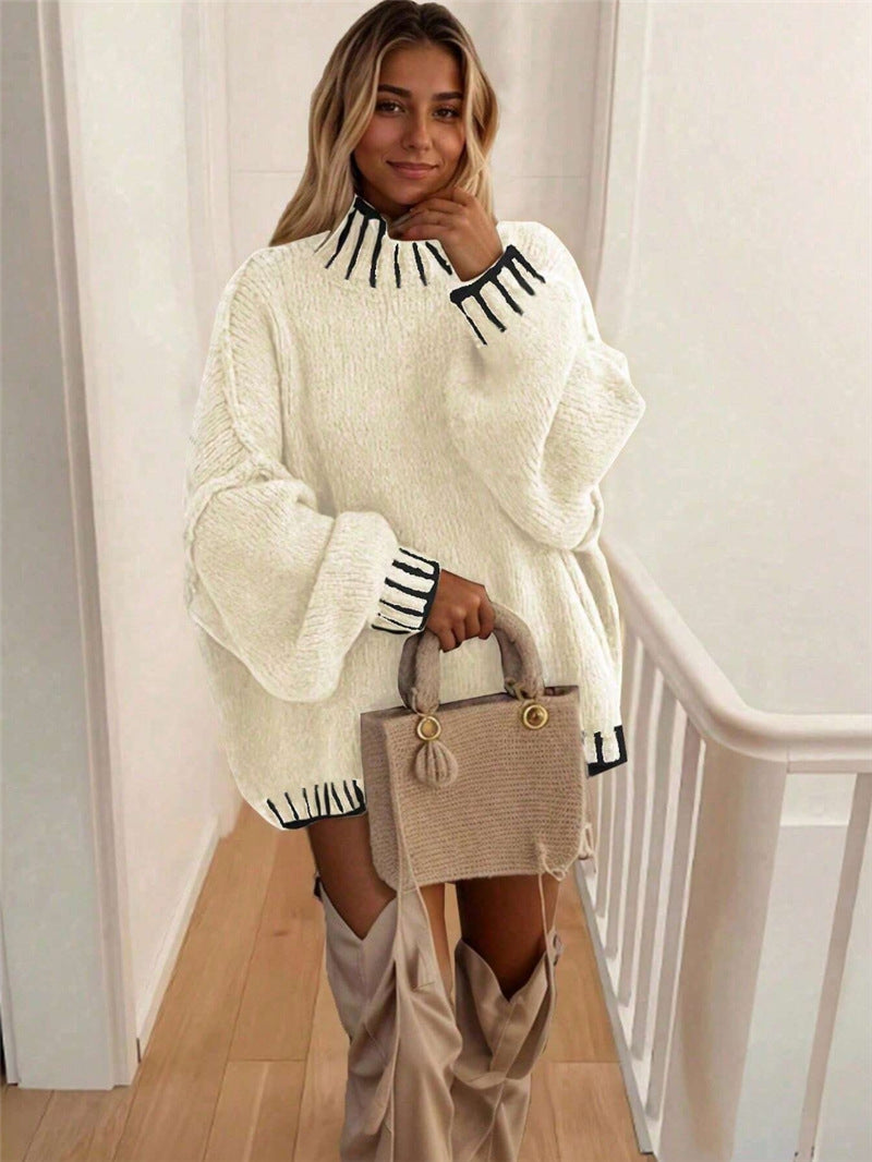 Women'S Turtleneck Design Contrast Loose-Fit Pullover Sweater