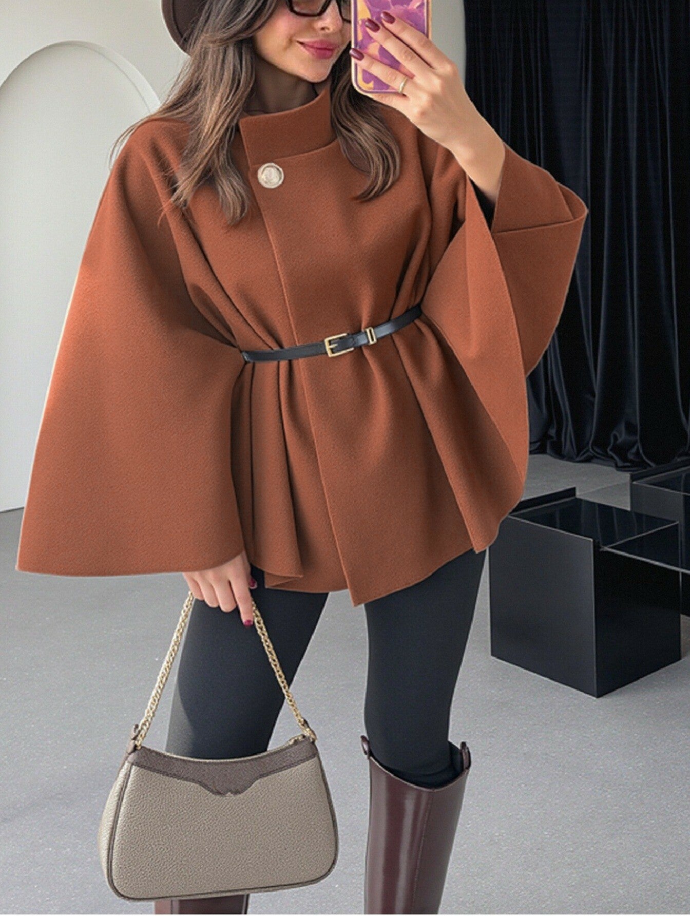 Tight Waist Poncho Coat
