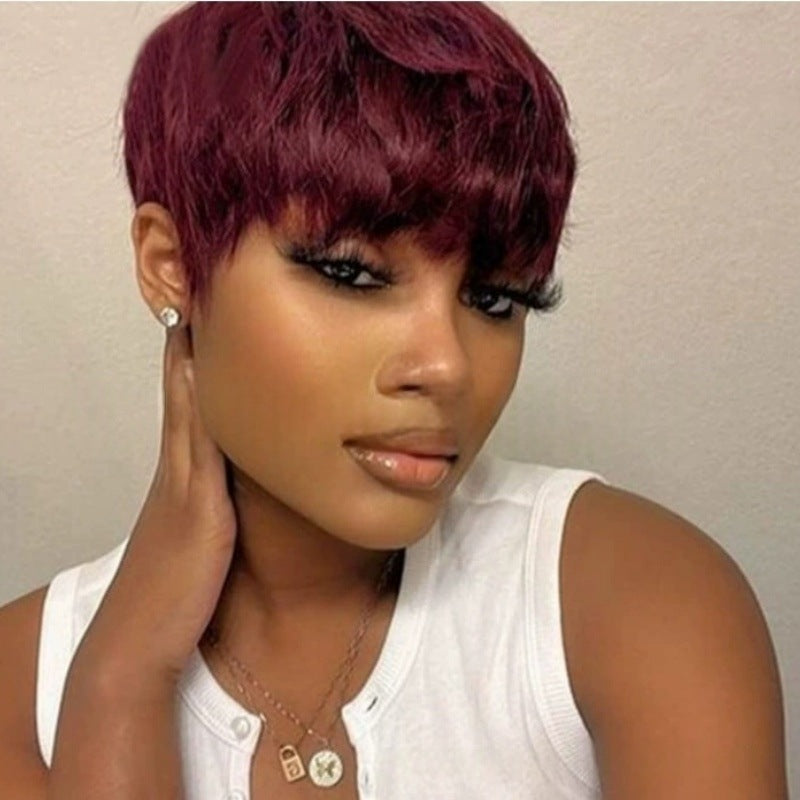 Short curly hair with slanted bangs