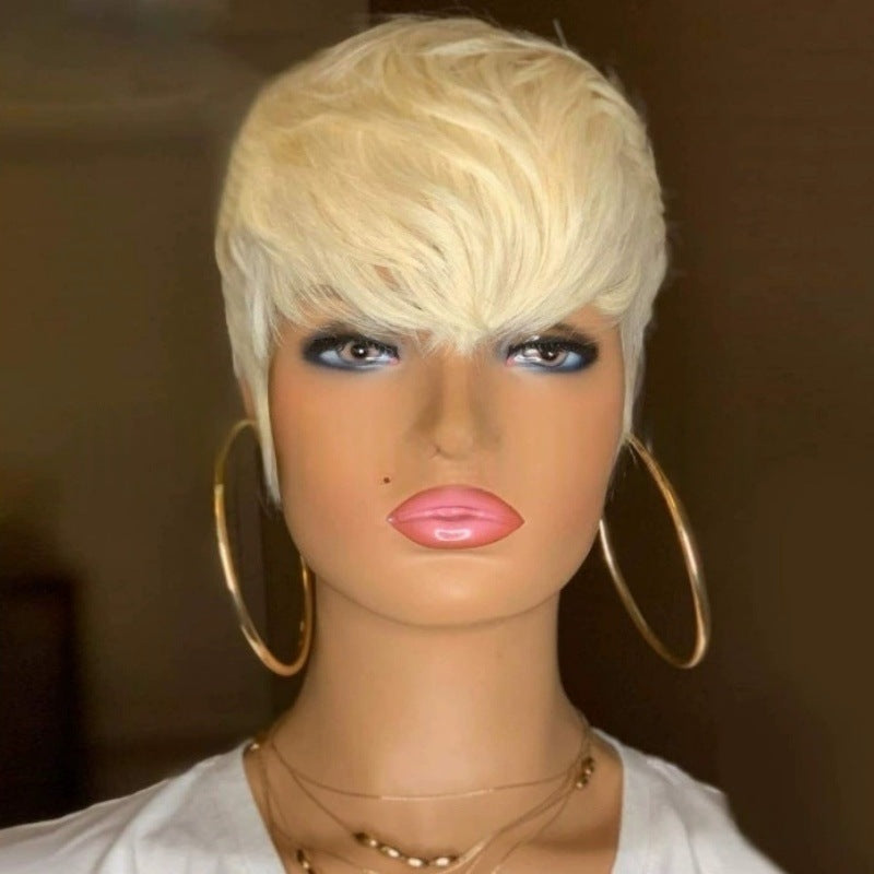 Short curly hair with slanted bangs